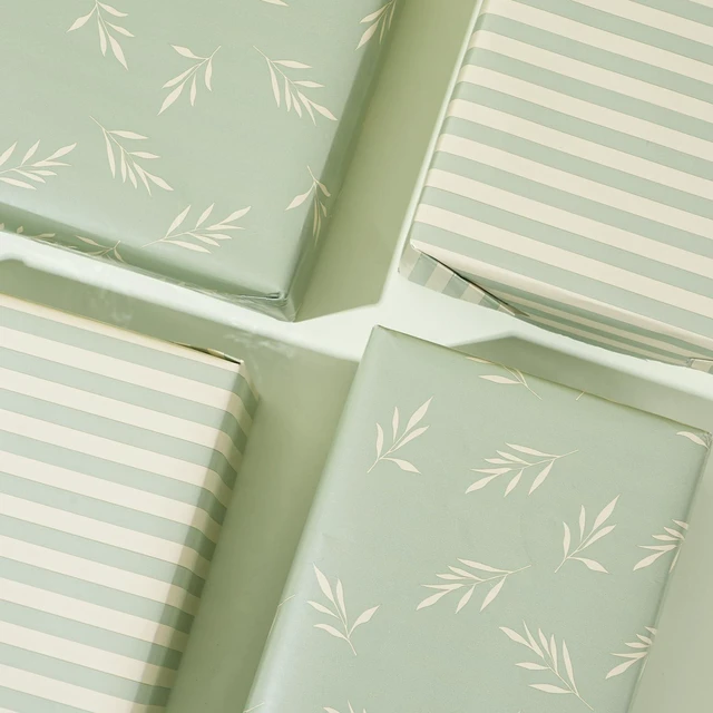 Alt view image 5 of 7 - Reversible Gift Wrapping Paper Roll - Light Green Background with Beige Leaves - Green Stripe Design - for Birthdays,Weddings,Baby Showers,Mother's Day,Christmas - 17.5" x 33' (48 sq. ft.)