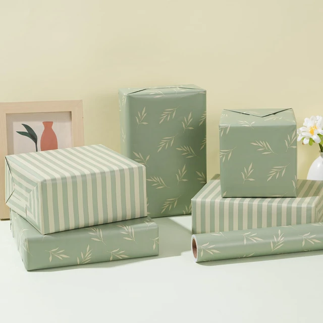 Alt view image 6 of 7 - Reversible Gift Wrapping Paper Roll - Light Green Background with Beige Leaves - Green Stripe Design - for Birthdays,Weddings,Baby Showers,Mother's Day,Christmas - 17.5" x 33' (48 sq. ft.)