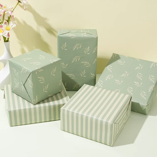 Alt view image 3 of 7 - Reversible Gift Wrapping Paper Roll - Light Green Background with Beige Leaves - Green Stripe Design - for Birthdays,Weddings,Baby Showers,Mother's Day,Christmas - 17.5" x 33' (48 sq. ft.)