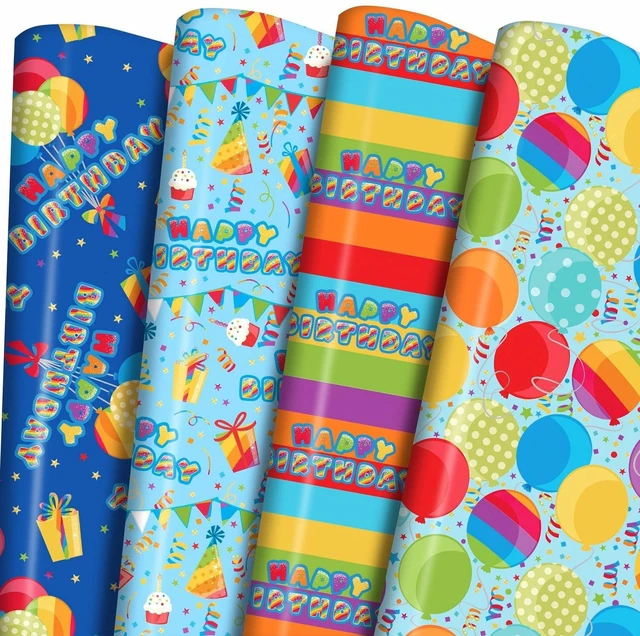Main image of Birthday Wrapping Paper 4 Fun Party Designs Balloons, Rainbow, Cupcakes, Confetti Folded 20"x29" 12 Sheets, for Gifts, Baby Shower, DIY Crafting, Kids Party Decor