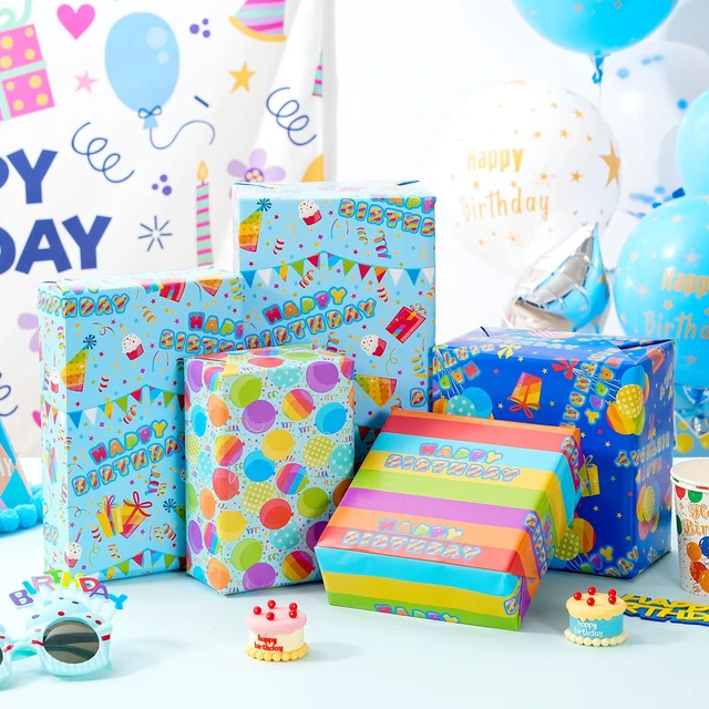 Alt view image 2 of 7 - Birthday Wrapping Paper 4 Fun Party Designs Balloons, Rainbow, Cupcakes, Confetti Folded 20"x29" 12 Sheets, for Gifts, Baby Shower, DIY Crafting, Kids Party Decor