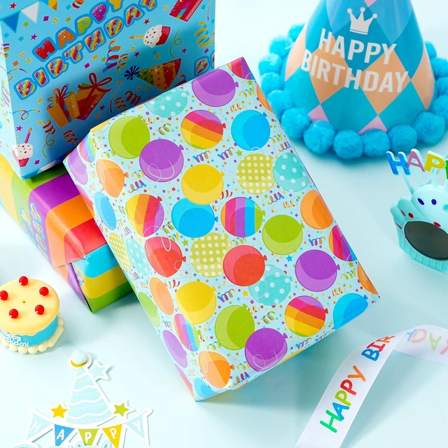 Alt view image 4 of 7 - Birthday Wrapping Paper 4 Fun Party Designs Balloons, Rainbow, Cupcakes, Confetti Folded 20"x29" 12 Sheets, for Gifts, Baby Shower, DIY Crafting, Kids Party Decor