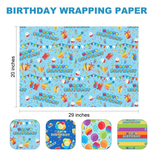 Alt view image 7 of 7 - Birthday Wrapping Paper 4 Fun Party Designs Balloons, Rainbow, Cupcakes, Confetti Folded 20"x29" 12 Sheets, for Gifts, Baby Shower, DIY Crafting, Kids Party Decor