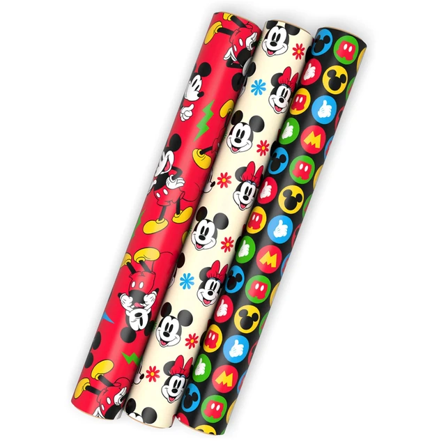 Alt view image 2 of 7 - Disney Wrapping Paper Mini Rolls, 3-Pack (Mickey Mouse) 45 Sq. Ft. | Mini rolls are perfect for easy storage, Grid Lines, Recyclable, 45 Sq. Ft. Total, Red and Black Character Designs