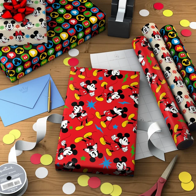 Alt view image 3 of 7 - Disney Wrapping Paper Mini Rolls, 3-Pack (Mickey Mouse) 45 Sq. Ft. | Mini rolls are perfect for easy storage, Grid Lines, Recyclable, 45 Sq. Ft. Total, Red and Black Character Designs