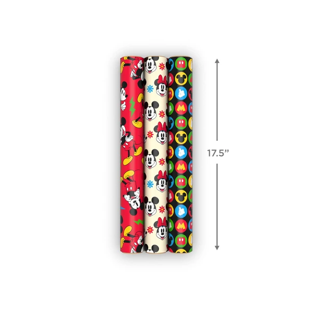 Alt view image 4 of 7 - Disney Wrapping Paper Mini Rolls, 3-Pack (Mickey Mouse) 45 Sq. Ft. | Mini rolls are perfect for easy storage, Grid Lines, Recyclable, 45 Sq. Ft. Total, Red and Black Character Designs