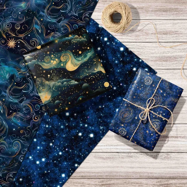 Alt view image 4 of 7 - Galaxy Wrapping Paper - Blue Gold Night Sky Nebula Star Gift Wrap for Birthday, Party, Holiday 8 Folded Sheets 20 x 29 Inch, Easy to Store