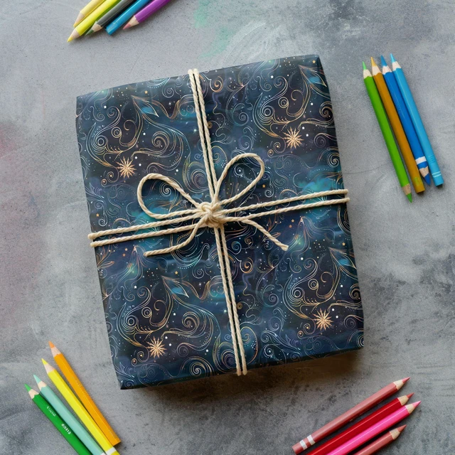Alt view image 6 of 7 - Galaxy Wrapping Paper - Blue Gold Night Sky Nebula Star Gift Wrap for Birthday, Party, Holiday 8 Folded Sheets 20 x 29 Inch, Easy to Store