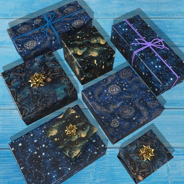 Alt view image 7 of 7 - Galaxy Wrapping Paper - Blue Gold Night Sky Nebula Star Gift Wrap for Birthday, Party, Holiday 8 Folded Sheets 20 x 29 Inch, Easy to Store