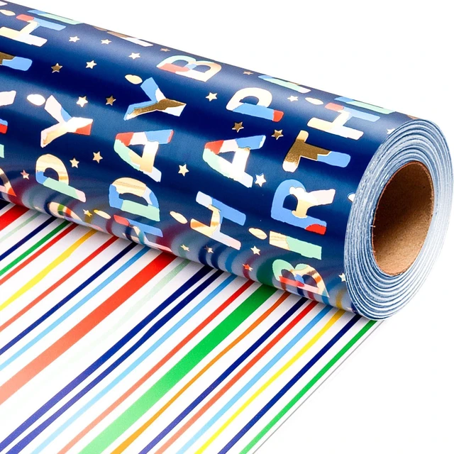 Main image of Blue Birthday Wrapping Paper Roll Reversible-Metallic Foil Colorful Birthday Lettering On Navy Blue Gift Wrapping Paper for Boys Girls Birthday,Baby Shower, Party(17 IN x 32.8 FT)