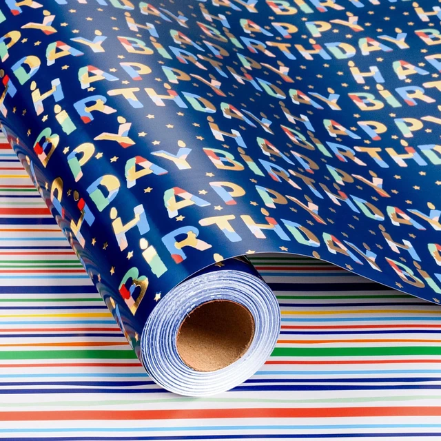 Alt view image 2 of 7 - Blue Birthday Wrapping Paper Roll Reversible-Metallic Foil Colorful Birthday Lettering On Navy Blue Gift Wrapping Paper for Boys Girls Birthday,Baby Shower, Party(17 IN x 32.8 FT)