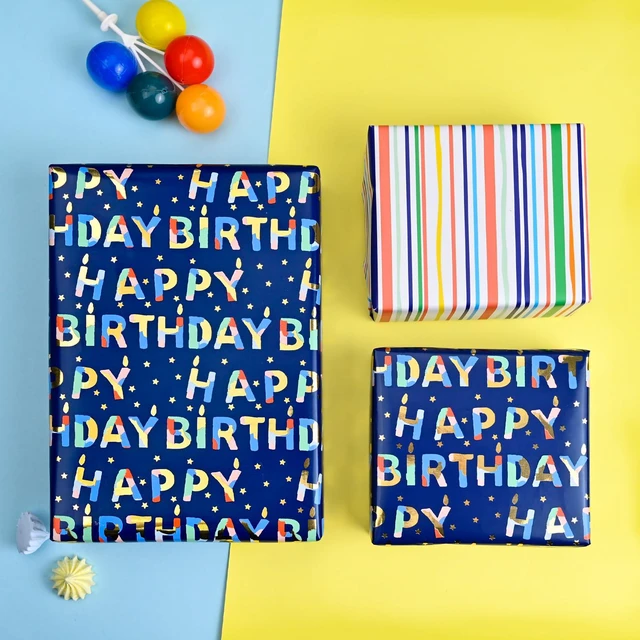 Alt view image 3 of 7 - Blue Birthday Wrapping Paper Roll Reversible-Metallic Foil Colorful Birthday Lettering On Navy Blue Gift Wrapping Paper for Boys Girls Birthday,Baby Shower, Party(17 IN x 32.8 FT)