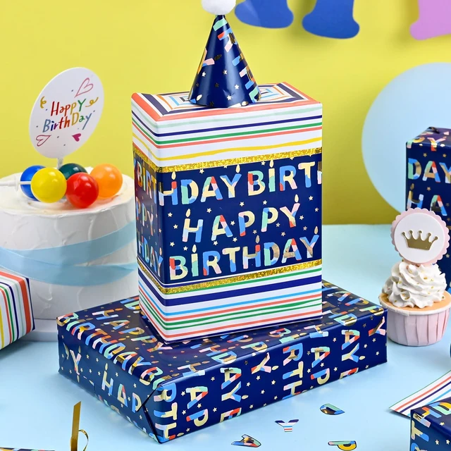 Alt view image 7 of 7 - Blue Birthday Wrapping Paper Roll Reversible-Metallic Foil Colorful Birthday Lettering On Navy Blue Gift Wrapping Paper for Boys Girls Birthday,Baby Shower, Party(17 IN x 32.8 FT)