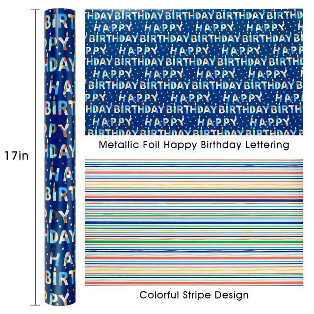 Alt view image 5 of 7 - Blue Birthday Wrapping Paper Roll Reversible-Metallic Foil Colorful Birthday Lettering On Navy Blue Gift Wrapping Paper for Boys Girls Birthday,Baby Shower, Party(17 IN x 32.8 FT)