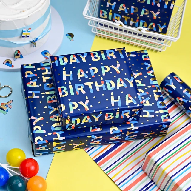 Alt view image 6 of 7 - Blue Birthday Wrapping Paper Roll Reversible-Metallic Foil Colorful Birthday Lettering On Navy Blue Gift Wrapping Paper for Boys Girls Birthday,Baby Shower, Party(17 IN x 32.8 FT)