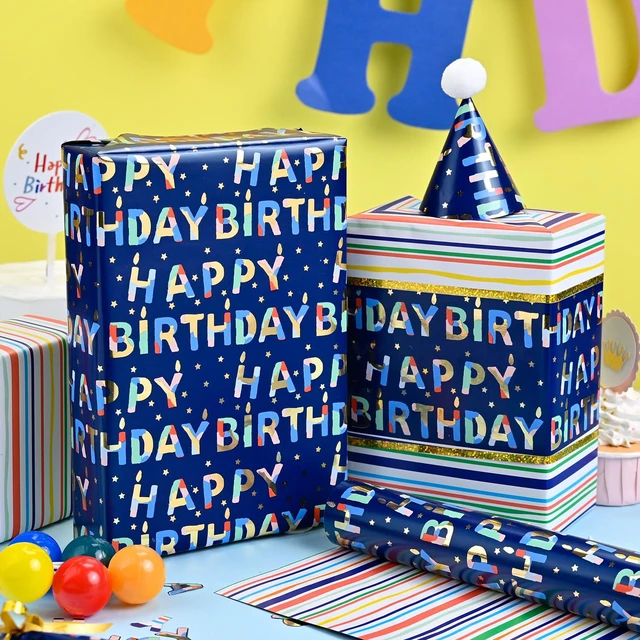 Alt view image 4 of 7 - Blue Birthday Wrapping Paper Roll Reversible-Metallic Foil Colorful Birthday Lettering On Navy Blue Gift Wrapping Paper for Boys Girls Birthday,Baby Shower, Party(17 IN x 32.8 FT)