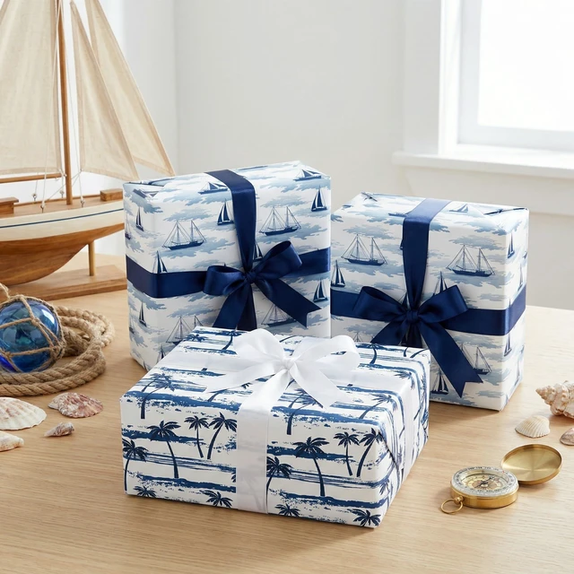 Alt view image 7 of 7 - Blue Ocean Wrapping Paper - Navy Blue Gift Wrap with Coastal Palm Tree and Beach Design for Summer, Birthday, Baby Shower, Father's Day - 28×40 Inches, 4 Jumbo Folded Sheets