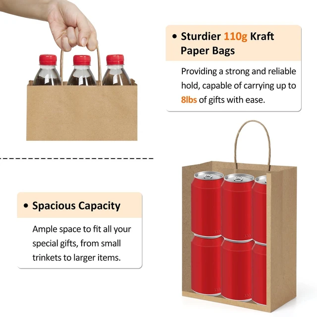 Alt view image 3 of 7 - Gift Bags with Handles 8x4.25x10.5 Inch Brown 100 Pack Bulk | Kraft Paper, Recycled, Medium Size, Sturdy Handles, For Gift Giving, Crafts, Party Favors, Christmas, Business Packaging