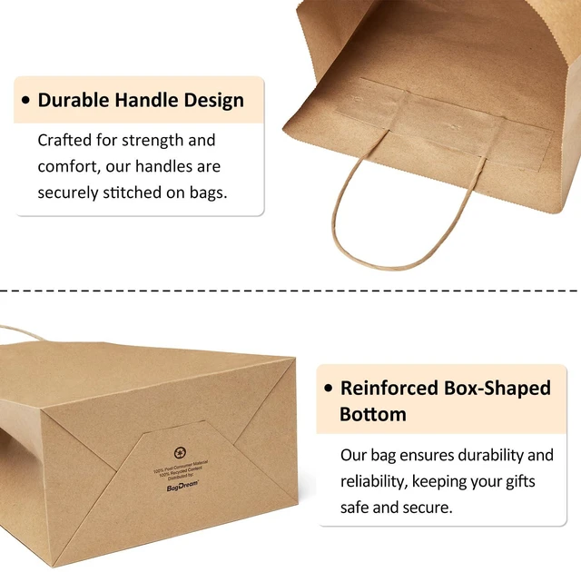 Alt view image 4 of 7 - Gift Bags with Handles 8x4.25x10.5 Inch Brown 100 Pack Bulk | Kraft Paper, Recycled, Medium Size, Sturdy Handles, For Gift Giving, Crafts, Party Favors, Christmas, Business Packaging