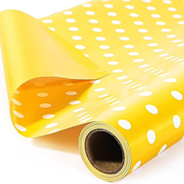 Main image of Yellow Reversible Wrapping Paper Roll, 17 inch X 33 Feet | Solid Yellow and Yellow-white Polka Dot Sides, Kraft Paper, for Small to Medium Gifts, Bouquets, Birthdays, and Baby Showers