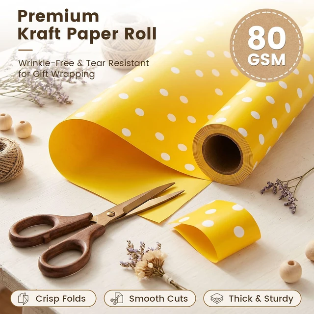 Alt view image 2 of 6 - Yellow Reversible Wrapping Paper Roll, 17 inch X 33 Feet | Solid Yellow and Yellow-white Polka Dot Sides, Kraft Paper, for Small to Medium Gifts, Bouquets, Birthdays, and Baby Showers