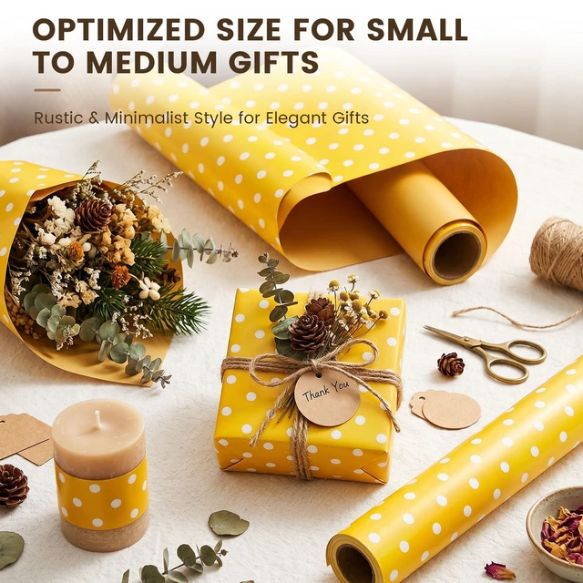 Alt view image 3 of 6 - Yellow Reversible Wrapping Paper Roll, 17 inch X 33 Feet | Solid Yellow and Yellow-white Polka Dot Sides, Kraft Paper, for Small to Medium Gifts, Bouquets, Birthdays, and Baby Showers