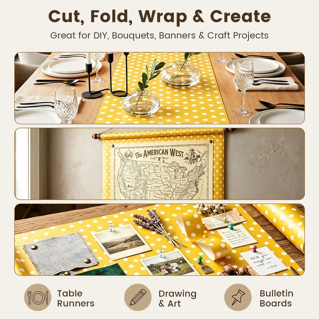 Alt view image 5 of 6 - Yellow Reversible Wrapping Paper Roll, 17 inch X 33 Feet | Solid Yellow and Yellow-white Polka Dot Sides, Kraft Paper, for Small to Medium Gifts, Bouquets, Birthdays, and Baby Showers