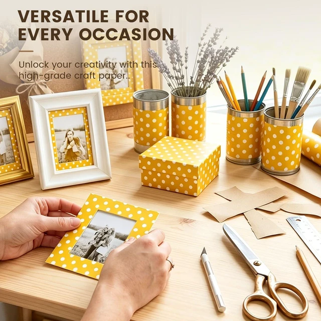 Alt view image 6 of 6 - Yellow Reversible Wrapping Paper Roll, 17 inch X 33 Feet | Solid Yellow and Yellow-white Polka Dot Sides, Kraft Paper, for Small to Medium Gifts, Bouquets, Birthdays, and Baby Showers