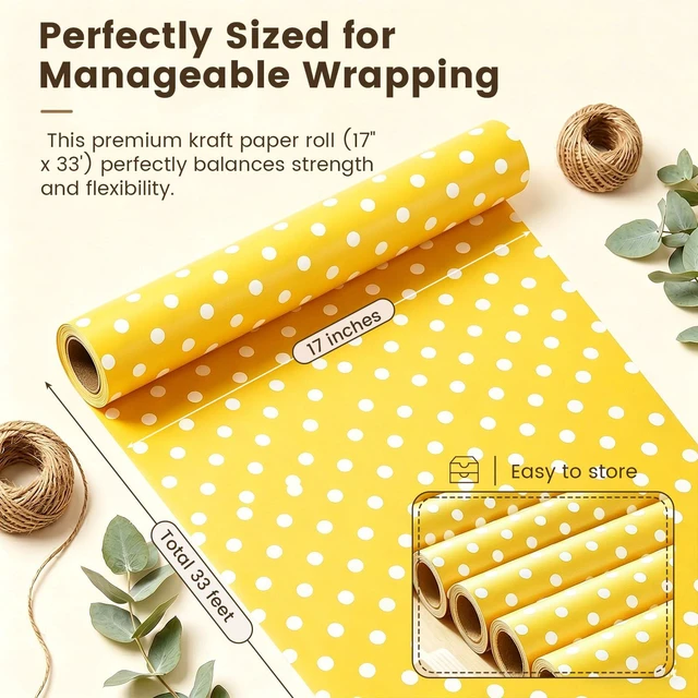 Alt view image 4 of 6 - Yellow Reversible Wrapping Paper Roll, 17 inch X 33 Feet | Solid Yellow and Yellow-white Polka Dot Sides, Kraft Paper, for Small to Medium Gifts, Bouquets, Birthdays, and Baby Showers