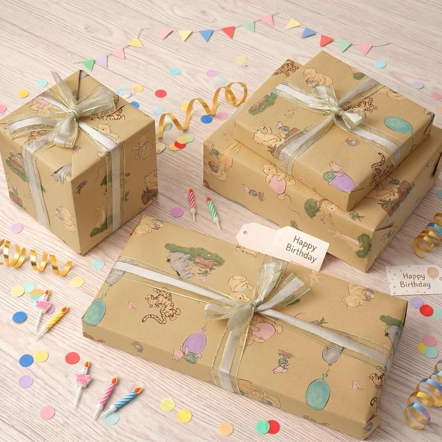 Alt view image 4 of 7 - Classic Winnie Bear Kraft Wrapping Paper Roll with Cutting Lines | 1 Roll 17in x 33ft Cute Pooh Gift Wrap for Kids Birthday, Baby Shower,Boys Girls, Theme Party& Festival Decor
