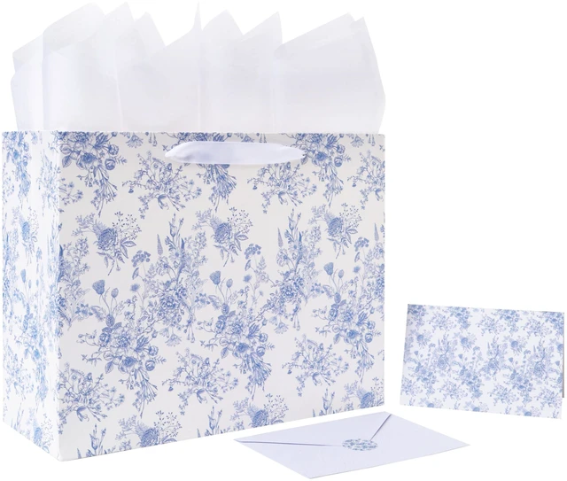 Main image of 13'' Large Blue Floral Gift Bag Set with Handles, Greeting Card, White Tissue Papers and Stickers for Women Girls for Birthdays, Mother's Day, Baby shower, Valentine's Day, Bridal, Weddings
