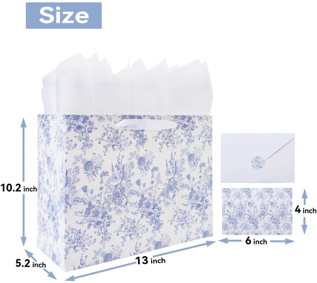 Alt view image 2 of 6 - 13'' Large Blue Floral Gift Bag Set with Handles, Greeting Card, White Tissue Papers and Stickers for Women Girls for Birthdays, Mother's Day, Baby shower, Valentine's Day, Bridal, Weddings