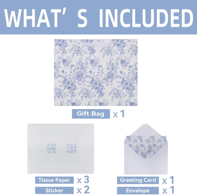 Alt view image 3 of 6 - 13'' Large Blue Floral Gift Bag Set with Handles, Greeting Card, White Tissue Papers and Stickers for Women Girls for Birthdays, Mother's Day, Baby shower, Valentine's Day, Bridal, Weddings