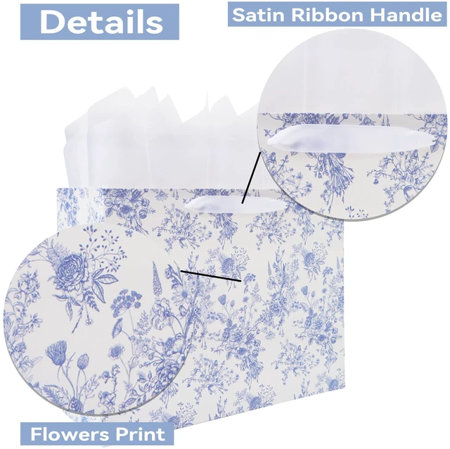 Alt view image 4 of 6 - 13'' Large Blue Floral Gift Bag Set with Handles, Greeting Card, White Tissue Papers and Stickers for Women Girls for Birthdays, Mother's Day, Baby shower, Valentine's Day, Bridal, Weddings