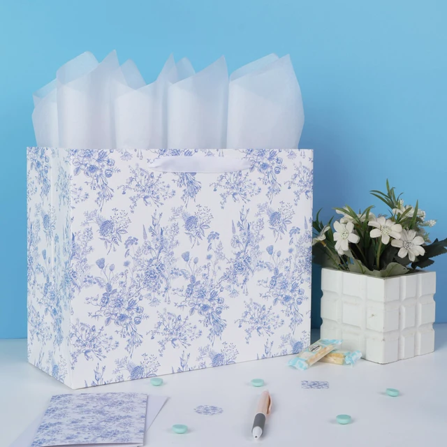 Alt view image 5 of 6 - 13'' Large Blue Floral Gift Bag Set with Handles, Greeting Card, White Tissue Papers and Stickers for Women Girls for Birthdays, Mother's Day, Baby shower, Valentine's Day, Bridal, Weddings