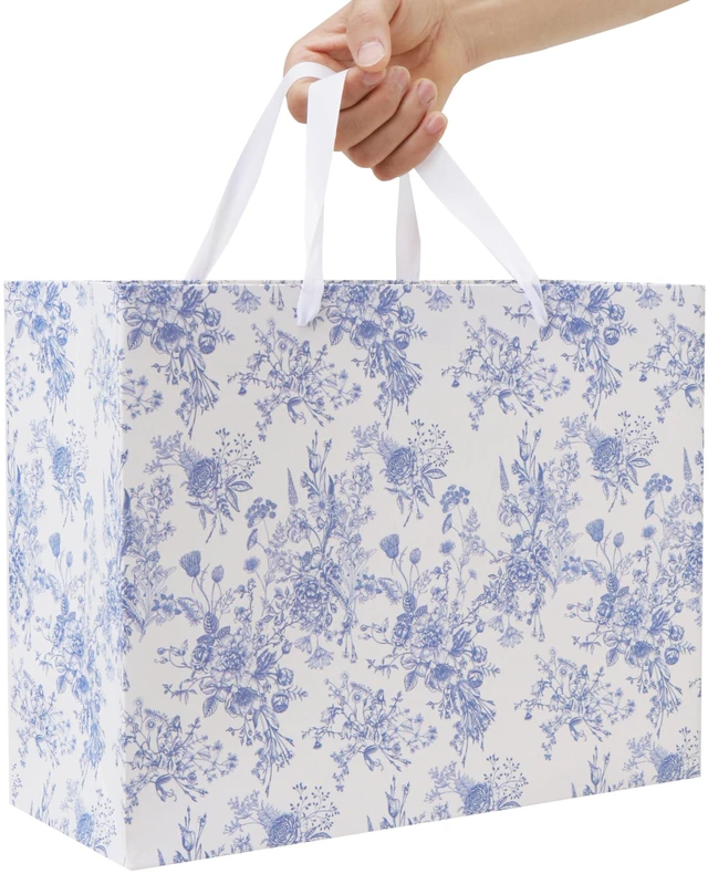 Alt view image 6 of 6 - 13'' Large Blue Floral Gift Bag Set with Handles, Greeting Card, White Tissue Papers and Stickers for Women Girls for Birthdays, Mother's Day, Baby shower, Valentine's Day, Bridal, Weddings