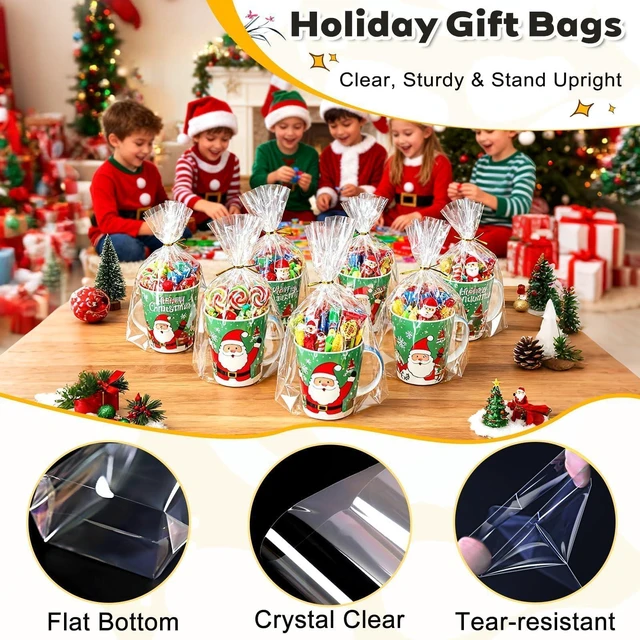 Alt view image 2 of 7 - Cellophane Gift Bags 8x11 Inch, 50 Pack, Clear Goodie Bags | Bottom Gusset Adds Capacity, Keeps Bags Upright; Thick OPP Holds Shape; 50 Gold Ties; Ideal for Treats, Party Favors, Mugs