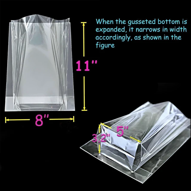 Alt view image 3 of 7 - Cellophane Gift Bags 8x11 Inch, 50 Pack, Clear Goodie Bags | Bottom Gusset Adds Capacity, Keeps Bags Upright; Thick OPP Holds Shape; 50 Gold Ties; Ideal for Treats, Party Favors, Mugs