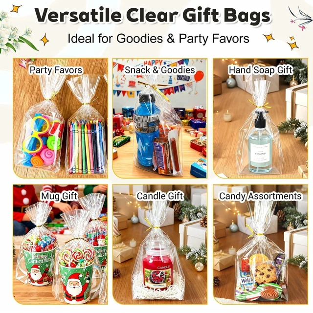 Alt view image 5 of 7 - Cellophane Gift Bags 8x11 Inch, 50 Pack, Clear Goodie Bags | Bottom Gusset Adds Capacity, Keeps Bags Upright; Thick OPP Holds Shape; 50 Gold Ties; Ideal for Treats, Party Favors, Mugs