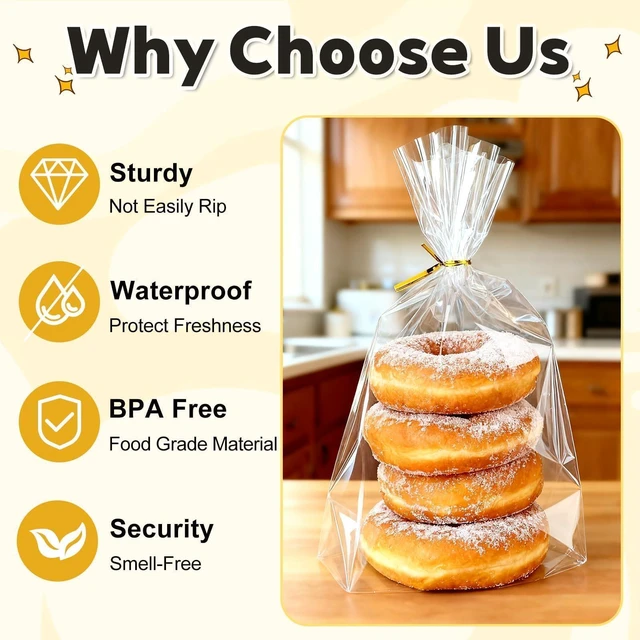 Alt view image 7 of 7 - Cellophane Gift Bags 8x11 Inch, 50 Pack, Clear Goodie Bags | Bottom Gusset Adds Capacity, Keeps Bags Upright; Thick OPP Holds Shape; 50 Gold Ties; Ideal for Treats, Party Favors, Mugs