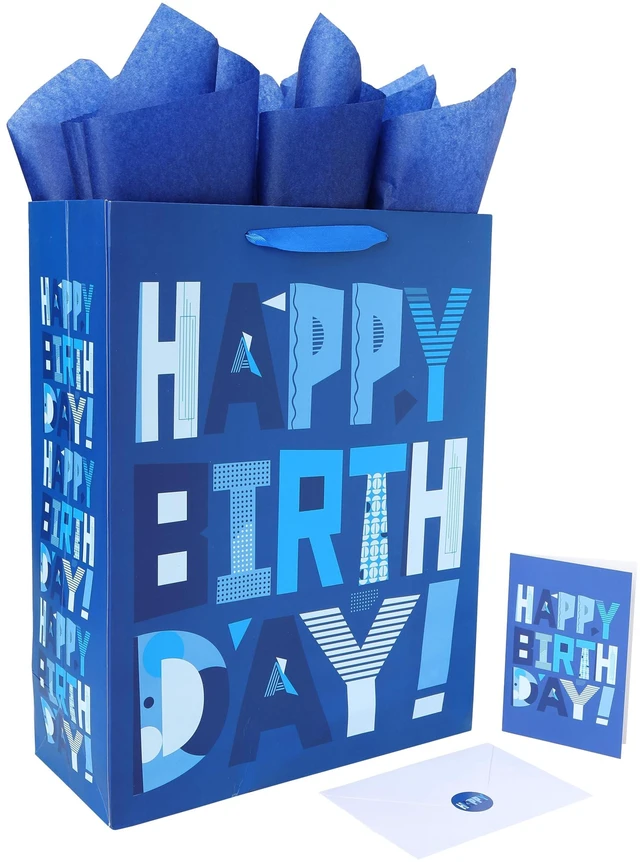 Main image of 16.5 Extra Large Blue Gift Bags Set with Greeting Card and Tissue Papers (Blue Happy Birthday) for Men's Birthday Party, Father, Grandpa, Kids' Parties, Baby Boy - 16.5x5.5x12.6, 1 Pcs