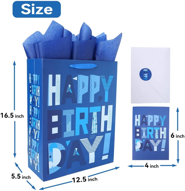Alt view image 2 of 6 - 16.5 Extra Large Blue Gift Bags Set with Greeting Card and Tissue Papers (Blue Happy Birthday) for Men's Birthday Party, Father, Grandpa, Kids' Parties, Baby Boy - 16.5x5.5x12.6, 1 Pcs