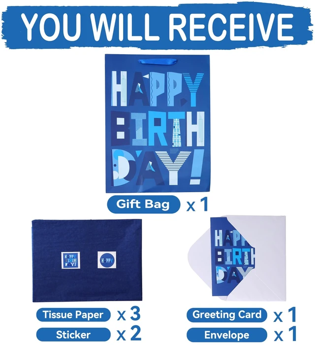 Alt view image 3 of 6 - 16.5 Extra Large Blue Gift Bags Set with Greeting Card and Tissue Papers (Blue Happy Birthday) for Men's Birthday Party, Father, Grandpa, Kids' Parties, Baby Boy - 16.5x5.5x12.6, 1 Pcs