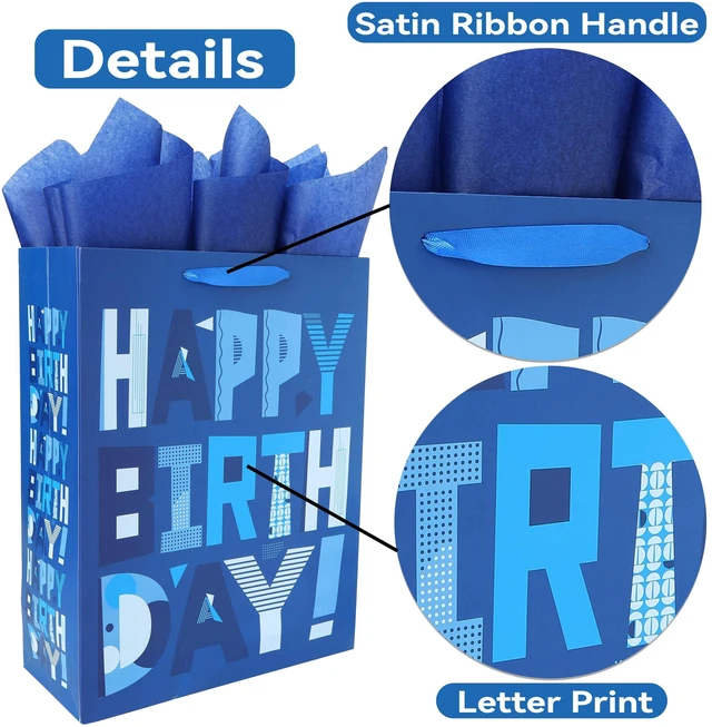 Alt view image 4 of 6 - 16.5 Extra Large Blue Gift Bags Set with Greeting Card and Tissue Papers (Blue Happy Birthday) for Men's Birthday Party, Father, Grandpa, Kids' Parties, Baby Boy - 16.5x5.5x12.6, 1 Pcs