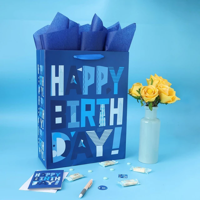 Alt view image 5 of 6 - 16.5 Extra Large Blue Gift Bags Set with Greeting Card and Tissue Papers (Blue Happy Birthday) for Men's Birthday Party, Father, Grandpa, Kids' Parties, Baby Boy - 16.5x5.5x12.6, 1 Pcs