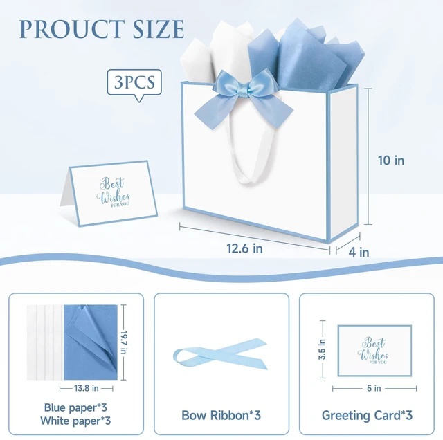 Alt view image 2 of 7 - 3 Pack Large Gift Bags with Handles, White and Blue Rim 12.6x10x4 In | Gift Wrap Bags with Tissue Papers & Cards for Birthday Party, Baby Shower, Wedding, Anniversary & Christmas