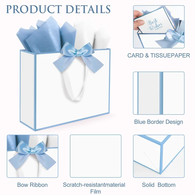 Alt view image 3 of 7 - 3 Pack Large Gift Bags with Handles, White and Blue Rim 12.6x10x4 In | Gift Wrap Bags with Tissue Papers & Cards for Birthday Party, Baby Shower, Wedding, Anniversary & Christmas