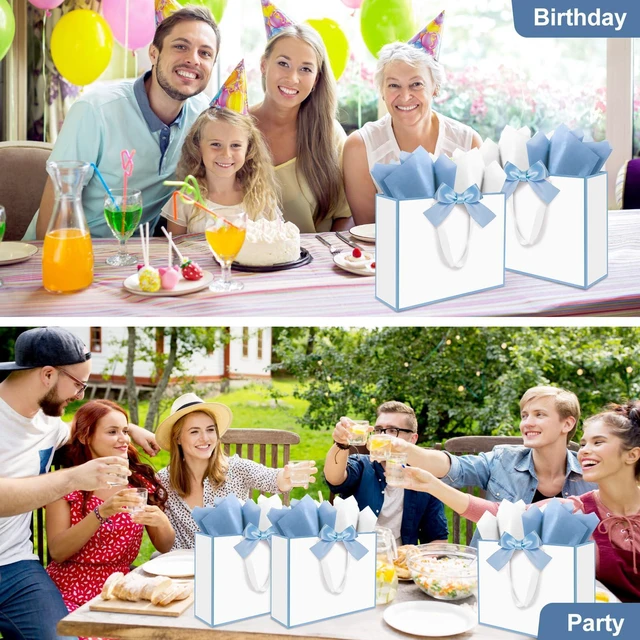 Alt view image 4 of 7 - 3 Pack Large Gift Bags with Handles, White and Blue Rim 12.6x10x4 In | Gift Wrap Bags with Tissue Papers & Cards for Birthday Party, Baby Shower, Wedding, Anniversary & Christmas