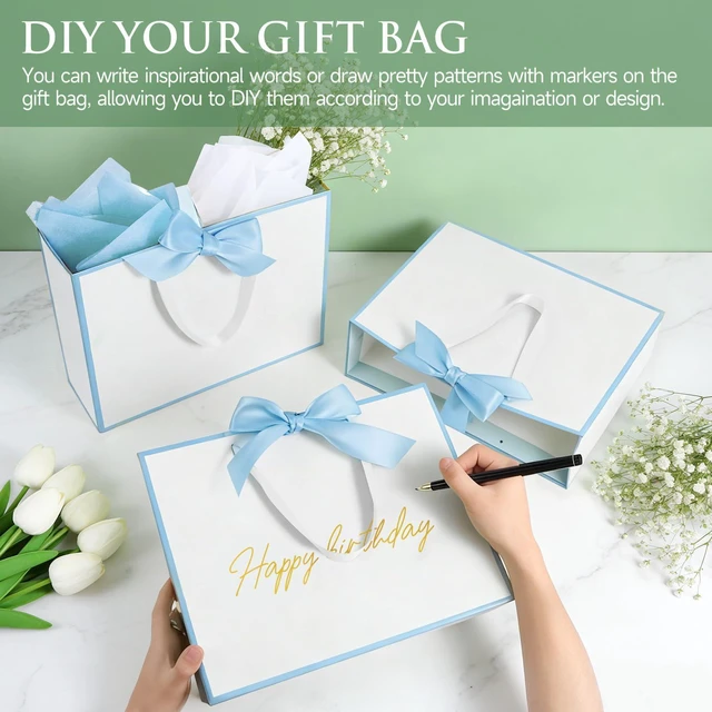 Alt view image 6 of 7 - 3 Pack Large Gift Bags with Handles, White and Blue Rim 12.6x10x4 In | Gift Wrap Bags with Tissue Papers & Cards for Birthday Party, Baby Shower, Wedding, Anniversary & Christmas