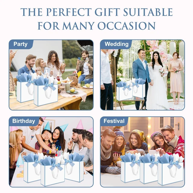 Alt view image 5 of 7 - 3 Pack Large Gift Bags with Handles, White and Blue Rim 12.6x10x4 In | Gift Wrap Bags with Tissue Papers & Cards for Birthday Party, Baby Shower, Wedding, Anniversary & Christmas